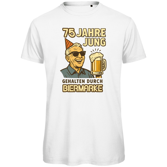 Weißes Bier-Shirt mit Vintage-Druck: 75 Jahre jung, gehalten durch Biermarke, ideal für Geburtstage.