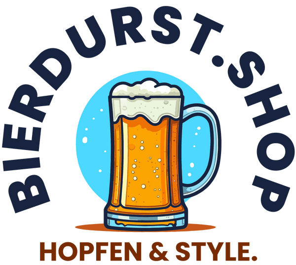 Colorful beer mug illustration with text 'Bierdurst.shop' and tagline 'Hoppen & Style' for a brewing website.